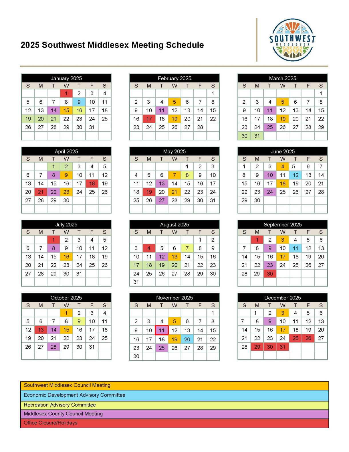 2025 Council Meeting Calendar